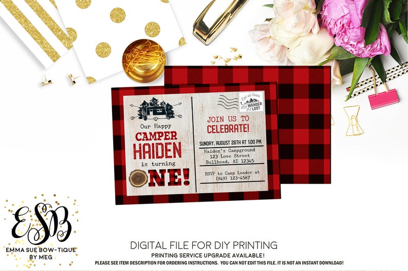Our Happy Camper - Birthday Camping Party invitation Printable - Digital File (camper-plaidred)