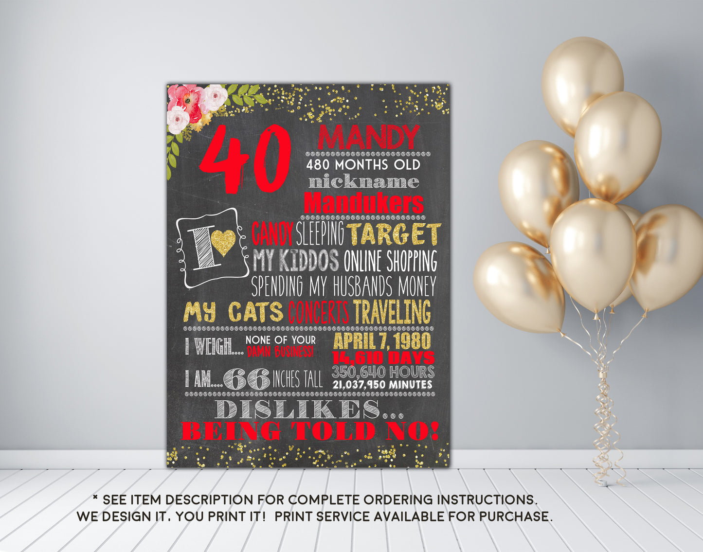 40th Birthday or any age - Adult smash cake photo prop Birthday Personalized Chalkboard Sign DIGITAL FILE