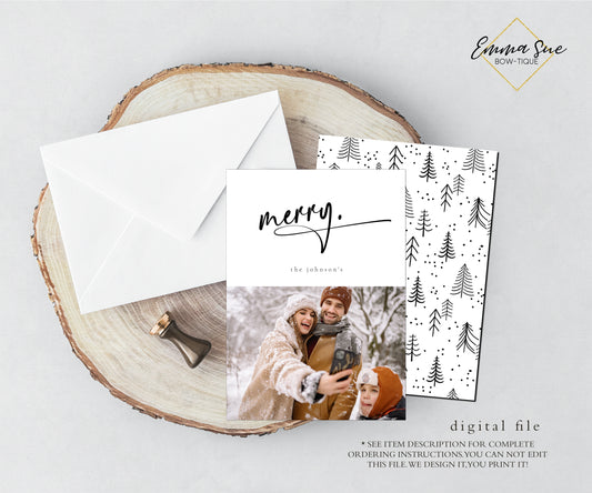 Merry Minimalist black and white Christmas Photo Holiday Card - Digital File (Merry- minimalist)