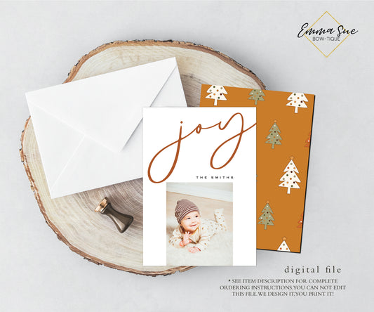 Minimalist Joy Christmas Card - Family Photo Holiday card - Digital File (Joy-modern burnt red)