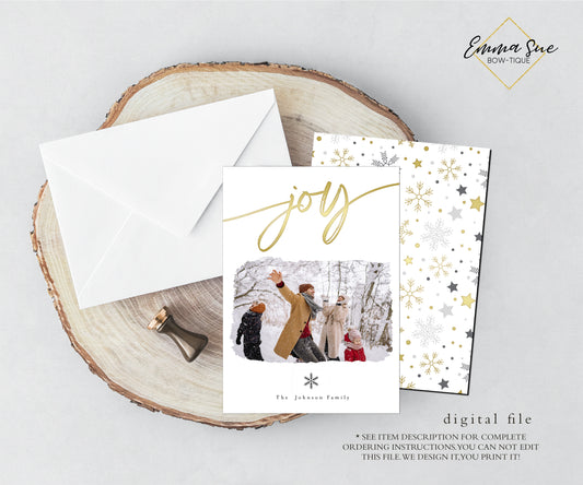 Joy Minimalist Modern Merry Christmas Card - Family Photo Holiday card - Digital File (joy-gold)