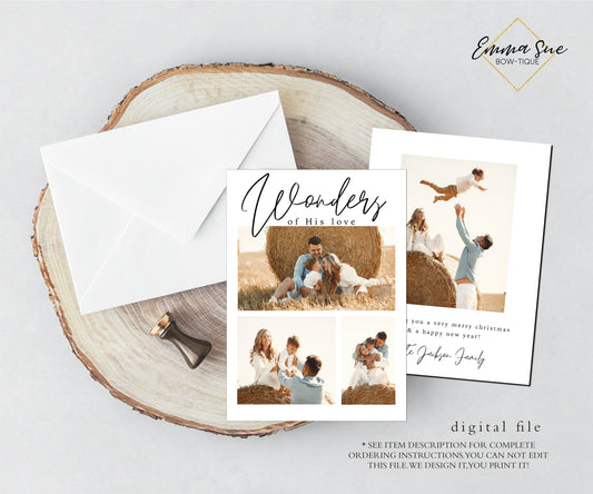 Wonders of His Love Minimalist Christian Christmas Card - Family Photo Holiday card - Digital File (Wonders-love)