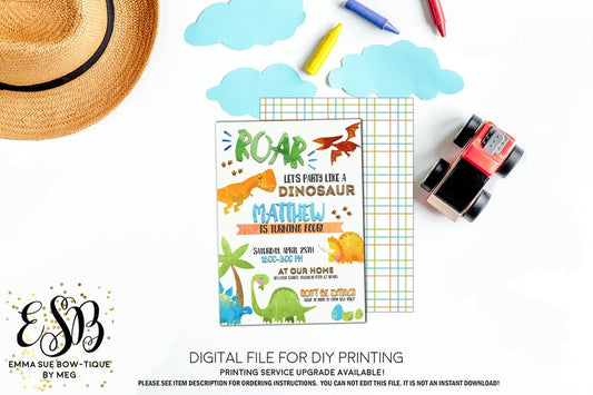 Roar Let's Party like a Dinosaur Birthday Party Invitation Printable - Digital File  (Dino-water)