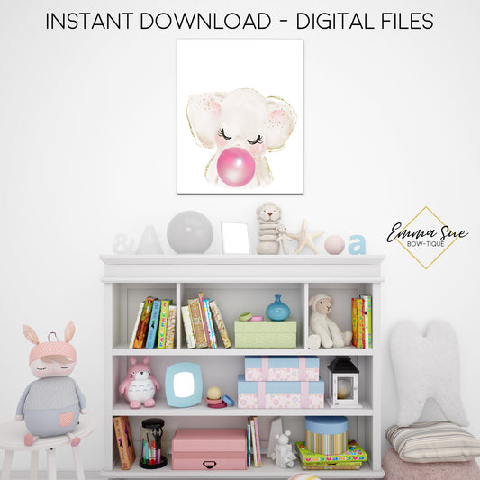 Watercolor Bubble Gum Elephant Zoo Animal - Kid's Room Or Baby Nursery Printable Wall Art  - Digital File