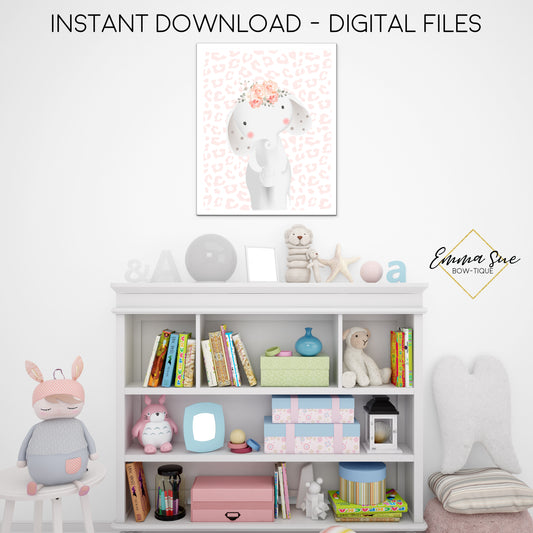 Floral Elephant Wall Art with Blush Animal Print - Girl's Nursery, Playroom, Bedroom Printable Sign  - Digital File - Instant Download