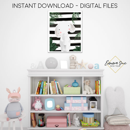 Jungle Safari Elephant Wall Art with Black and White Stripe - Kid's Nursery, Playroom, Bedroom Printable Sign - Digital File - Instant Download