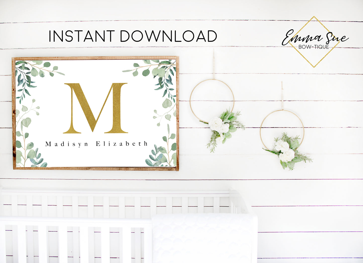 Watercolor Eucalyptus Greenery Gold Personalized Monogram Baby Name & Initial Sign - Kid's Room Or Nursery Printable Wall Art - Digital File (Name-Peach36X24))