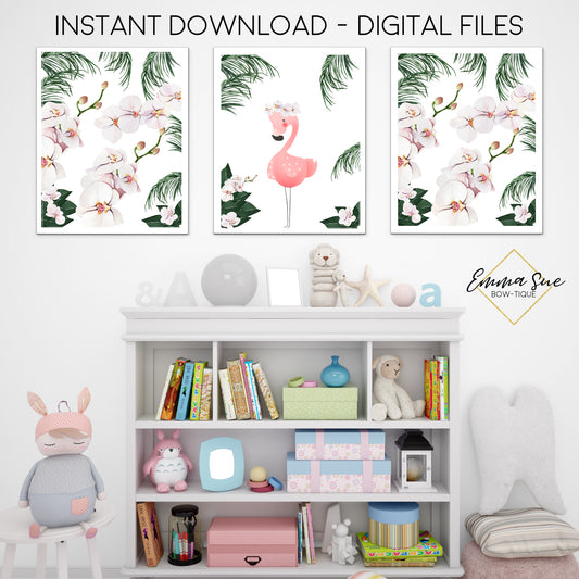 Watercolor Tropical Flamingo and Orchid Flowers - Girl's Playroom or Nursery Printable Wall Art Sign- Digital File