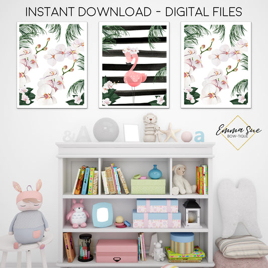 Watercolor Tropical Flamingo and Orchid Flowers Black & White Stripes - Girl's Playroom or Nursery Printable Wall Art Sign- Digital File