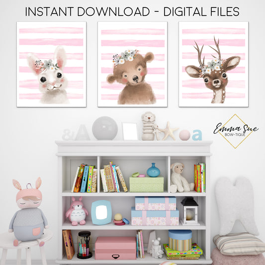 Woodland Forest Animals with Flowers Watercolor Signs - Bunny Deer Bear - Baby Girl Playroom or Nursery Printable Wall Art Sign- Digital File