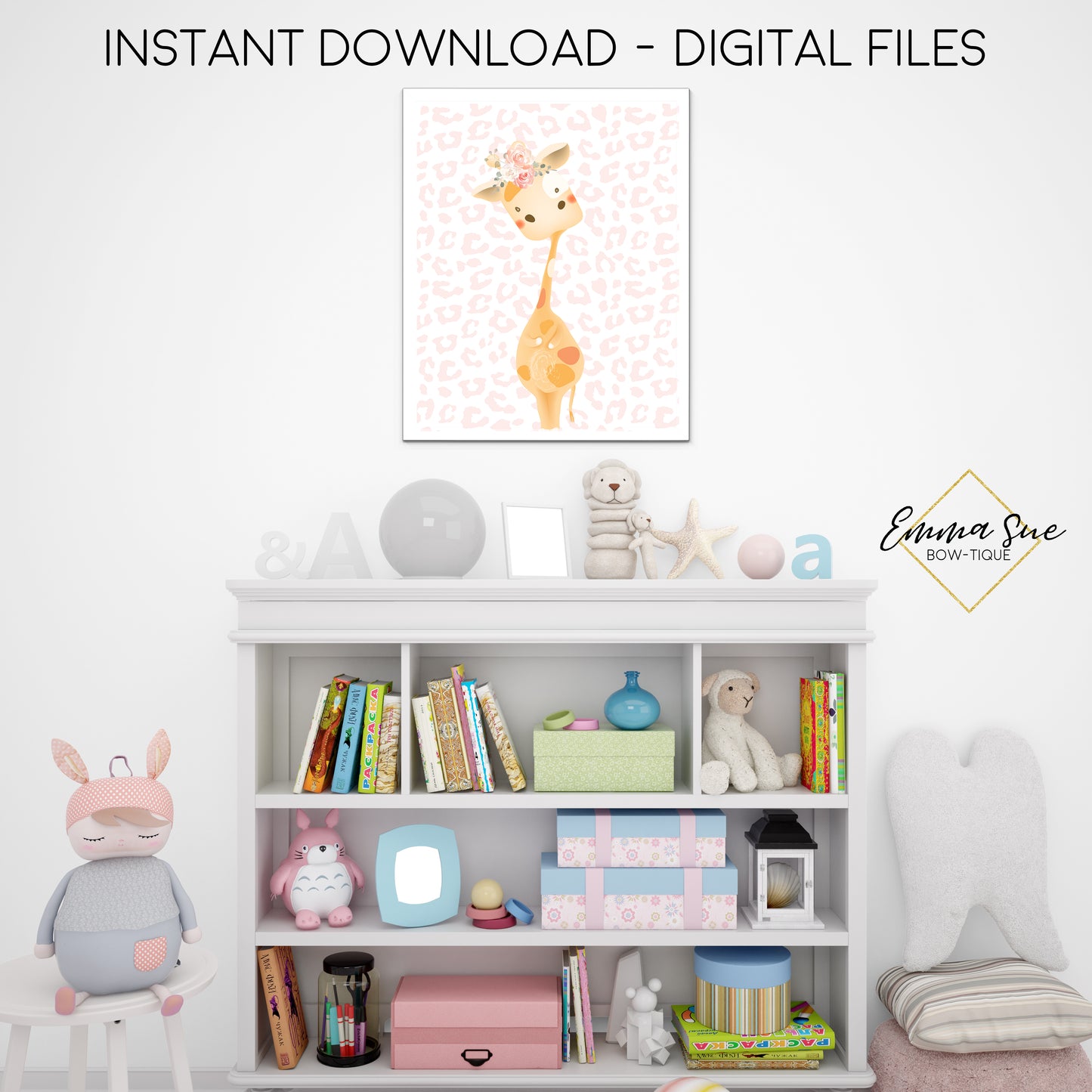 Floral Giraffe Wall Art with Blush Animal Print - Girl's Nursery, Playroom, Bedroom Printable Sign - Digital File - Instant Download