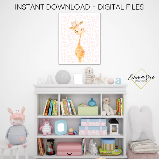 Floral Giraffe Wall Art with Blush Animal Print - Girl's Nursery, Playroom, Bedroom Printable Sign  - Digital File - Instant Download