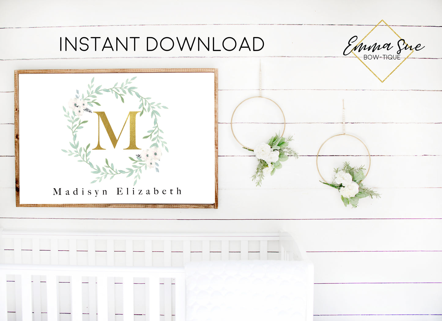 Watercolor Eucalyptus Greenery Wreath Personalized Gold Monogram Baby Name Sign - Kid's Room Or Nursery Printable Wall Art - Digital File (Name-Greenerywreath)