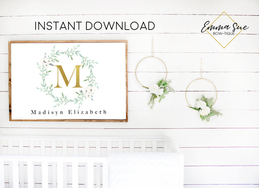 Watercolor Eucalyptus Greenery Wreath Personalized Gold Monogram Baby Name Sign - Kid's Room Or Nursery Printable Wall Art  - Digital File (Name-Greenerywreath)