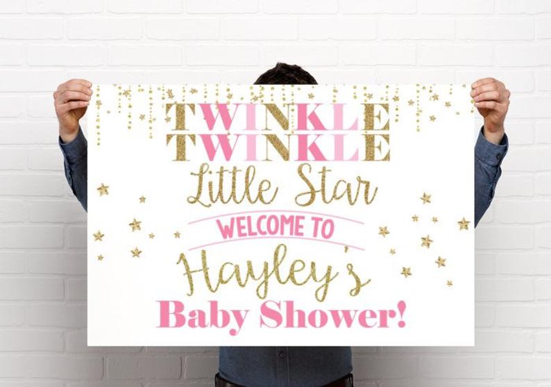 Pink Baby Girl Twinkle Twinkle Little Star Baby Shower or Birthday Welcome Sign - Party Decorations - Digital File