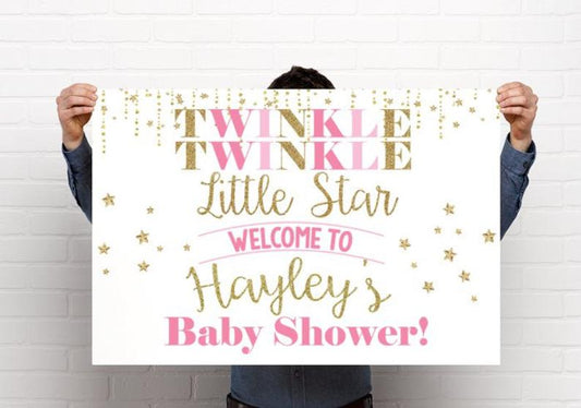 Pink Baby Girl Twinkle Twinkle Little Star Baby Shower or Birthday Welcome Sign - Party Decorations - Digital File
