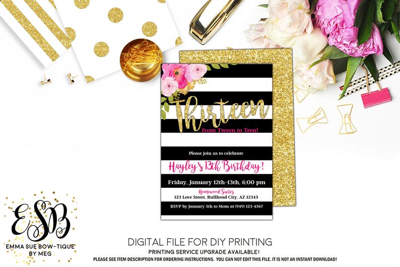 Thirteen- Tween to Teen Teenage Girl Gold Glitter Black and White Stripe Birthday invitation Printable - Digital File (invite-13tween)