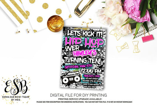 Let's Kick it Hip Hop 90's Birthday Party invitation Printable - Digital File (hiphop-pnk)
