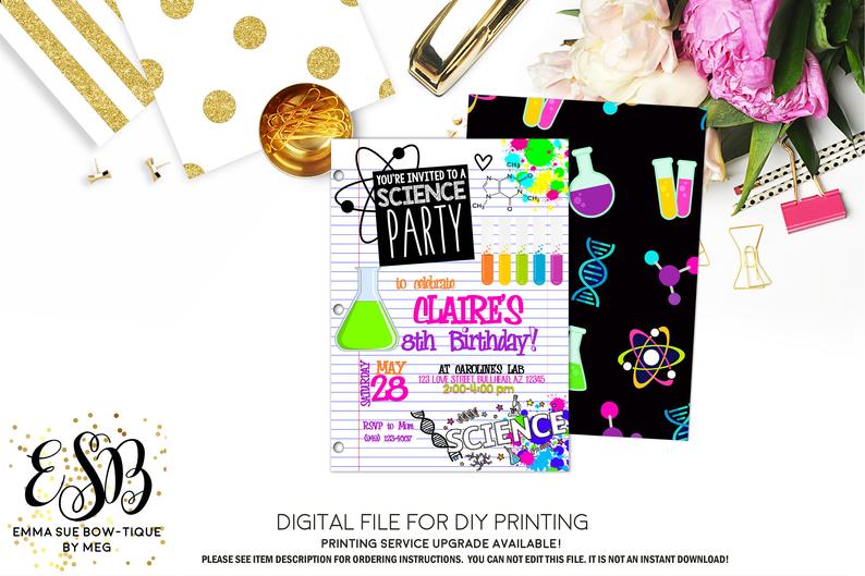 Girl's Science Party Birthday Invitation Printable - Digital File (Science-01)