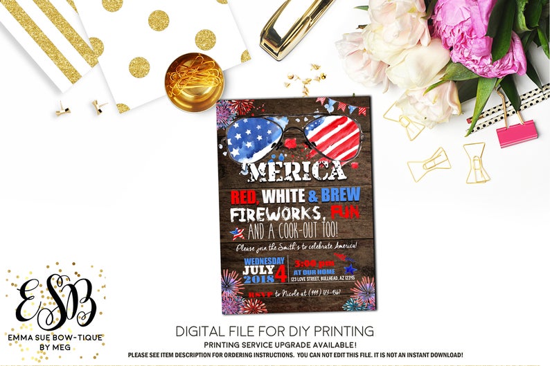 'Merica Patriotic Red White and Blue BBQ invitation Printable - Digital File (Rwb-MericaBBQWood)