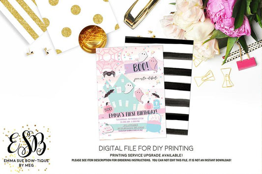 Pastel Pumpkins and Ghost - Halloween Birthday Party invitation Printable - Digital File (pastel-halloween13)