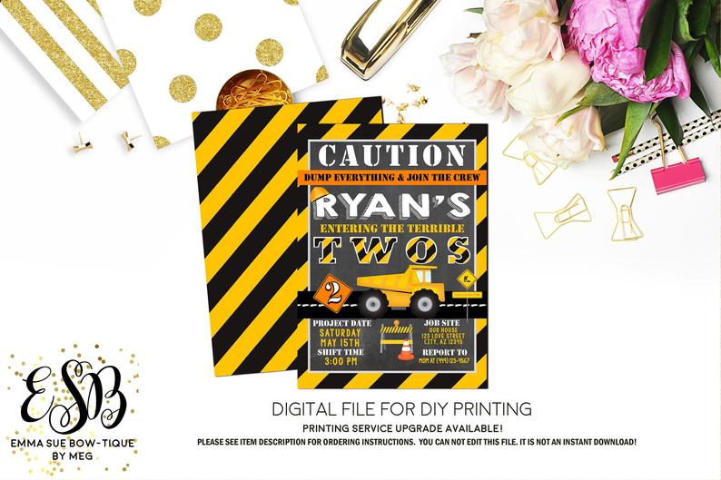 Terrible Two's Construction Dump Truck 2nd Birthday Party Invitation P – Emma Sue Bow-tique terrible-two-s-construction-dump-truck-2nd-birthday-party-invitation-p-emma-sue-bow-tique