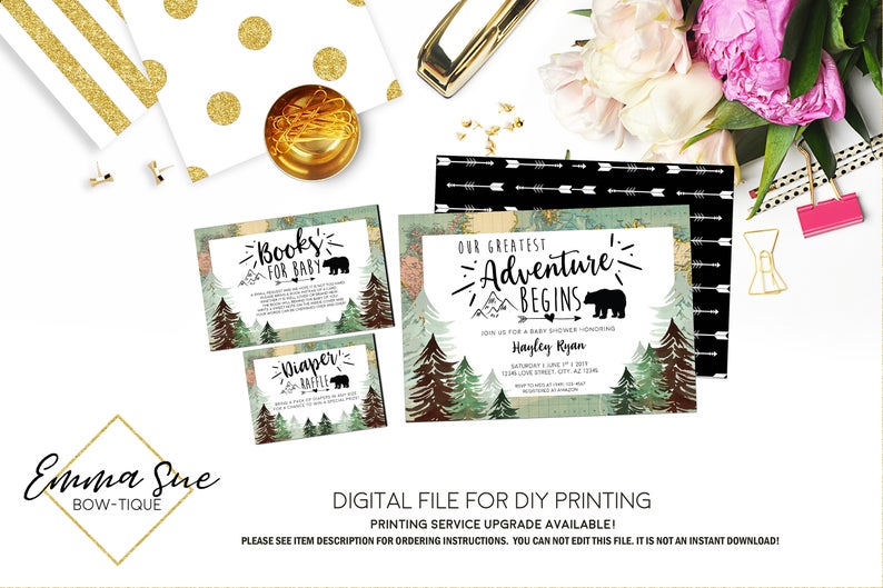 Adventure Awaits Baby Shower Invitation - Vintage Map and bear boys woodland- Digital Printable File (Baby-adventure map)