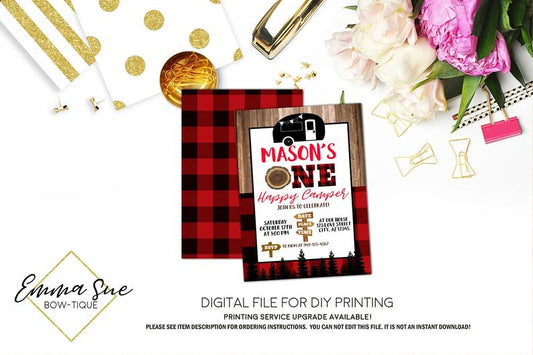 One Happy Camper - 1st Birthday Camping Party invitation Printable - Digital File (camper-woodRed)