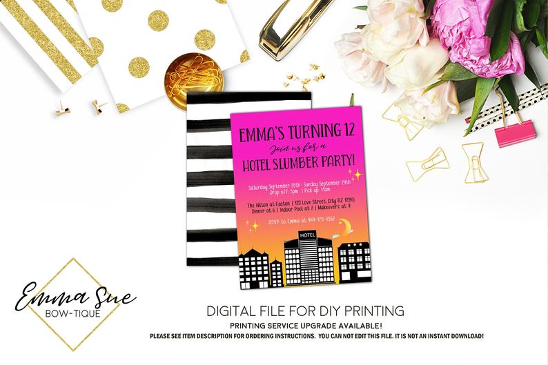 Hotel Party Sleepover Slumber Party Birthday invitation Printable - Digital File  (hotel-pink)