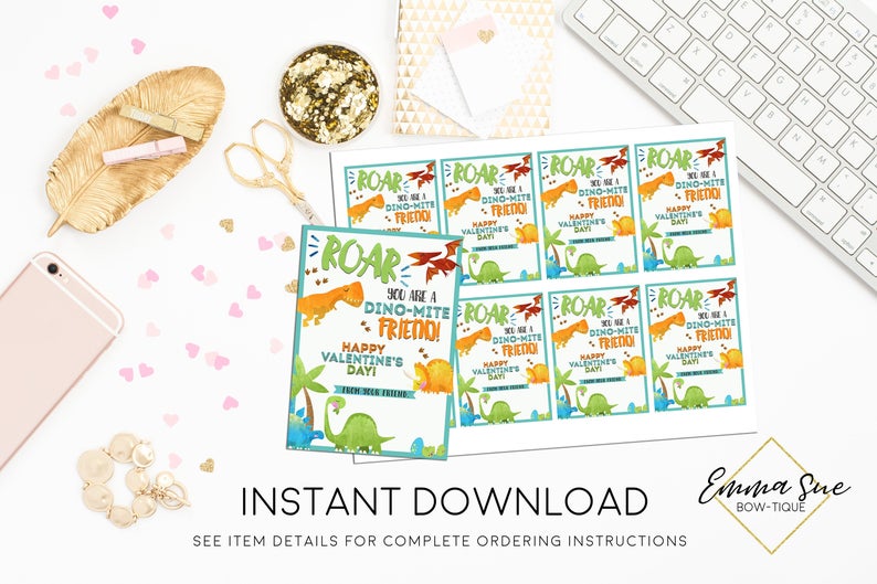 Dinosaur - Boy's You are a Dino-mite friend - DIY Kid's Valentine's Day Card Printable - Digital File - Instant Download