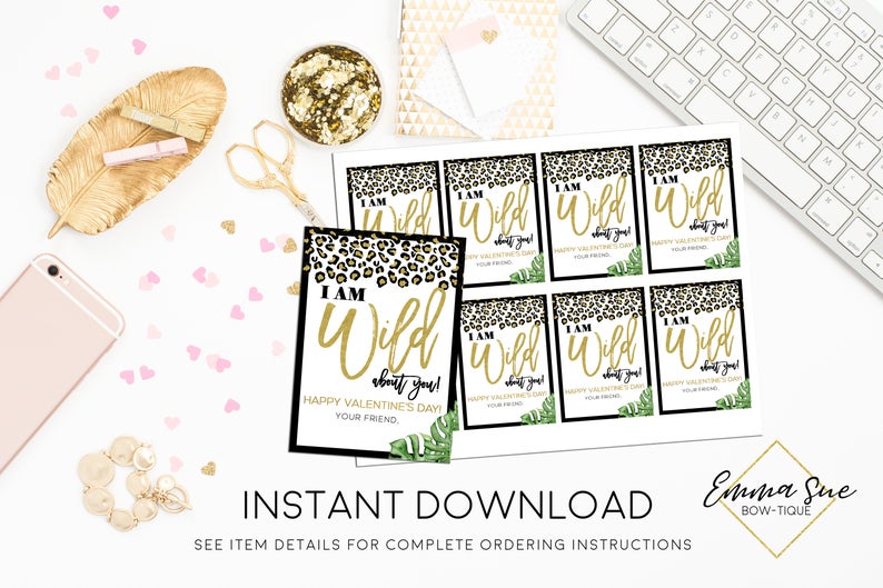 Cheetah Print Jungle Safari Animal Cookie - I am Wild about you - Kid's Valentine's Day Card Printable - Digital File - Instant Download