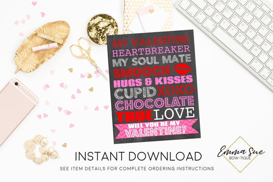 Valentine's Day Printable Card or Sign, Valentine Party Decorations  - Digital File - INSTANT DOWNLOAD
