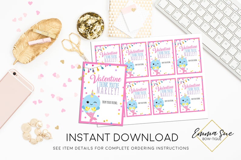 Narwhal - Valentine I think you're Narley - Kid's Valentine's Day Card Printable - Digital File - Instant Download
