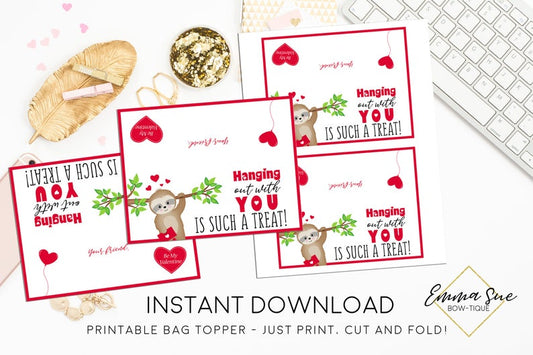 Sloth -Treat Bag Topper - Hanging out with you is such a treat - Kid's Valentine's Day Card Printable - Digital File - Instant Download