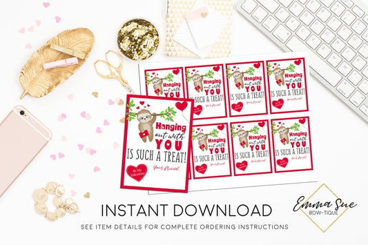 Sloth - Hanging out with you is such a treat - Kid's Valentine's Day Card Printable - Digital File - Instant Download