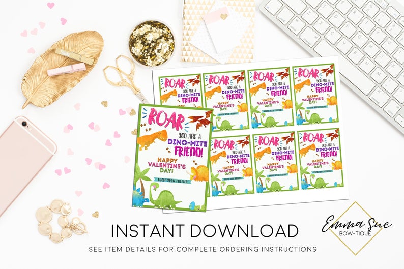 Dinosaur - Girl's You are a Dino-mite friend - DIY Kid's Valentine's Day Card Printable - Digital File - Instant Download