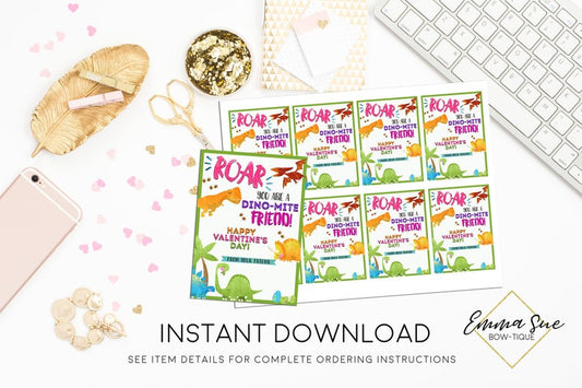 Dinosaur - Girl's You are a Dino-mite friend - DIY Kid's Valentine's Day Card Printable - Digital File - Instant Download