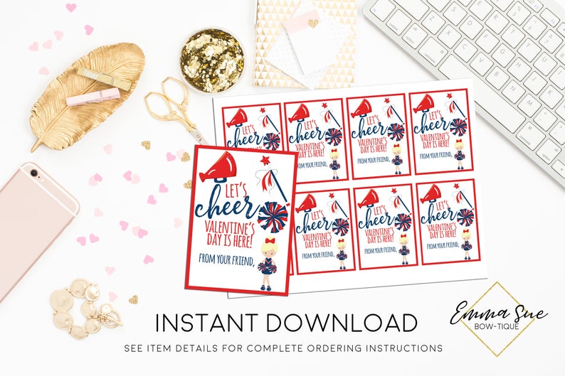 Cheerleader - Let's Cheer Valentine's Day is here - Valentine's Day Card Printable - Digital File