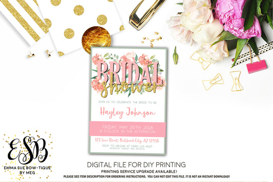 Bridal Shower Invite Spring Flowers Peaches and Cream Blush and Mint Gold Glitter - Digital File Printable (bridal-peachesfloral)
