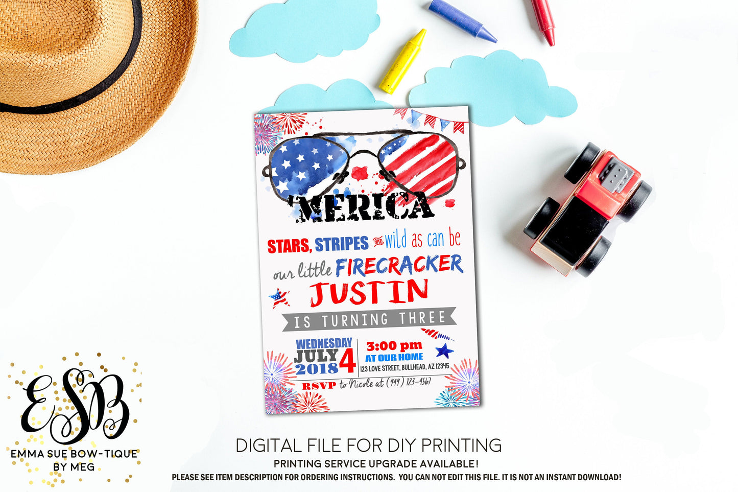 'Merica Patriotic Red White and Blue Birthday invitation Printable - Digital File (Rwb-mericathree)