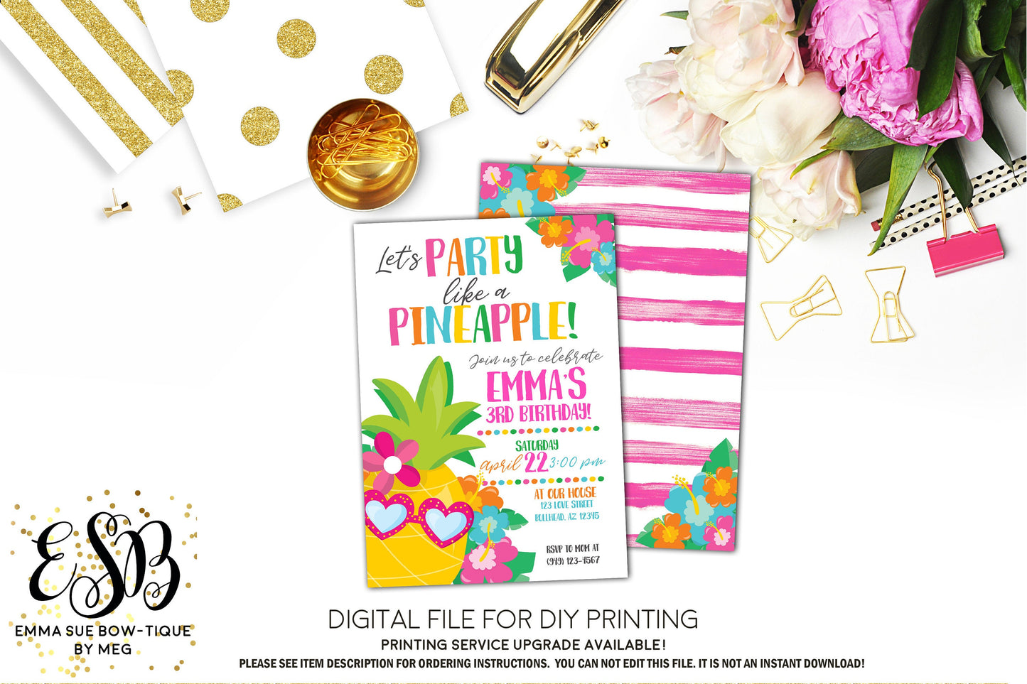 Party Like a Pineapple Hawaiian Tropical Luau Birthday invitation Printable - Digital File (pineapple-party18)