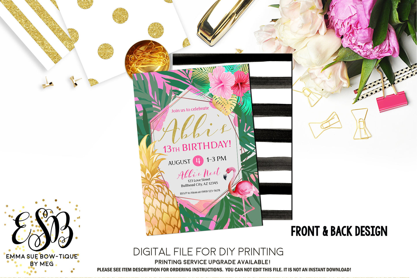 Flamingo Aloha Hawaiian Tropical Luau Birthday invitation Printable - Digital File  (flamingo-palmpink)