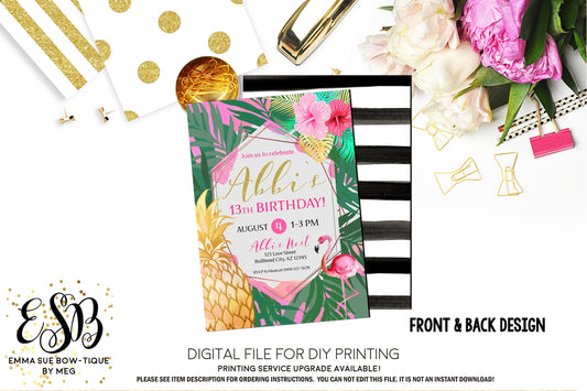 Flamingo Aloha Hawaiian Tropical Luau Birthday invitation Printable - Digital File  (flamingo-palmpink)