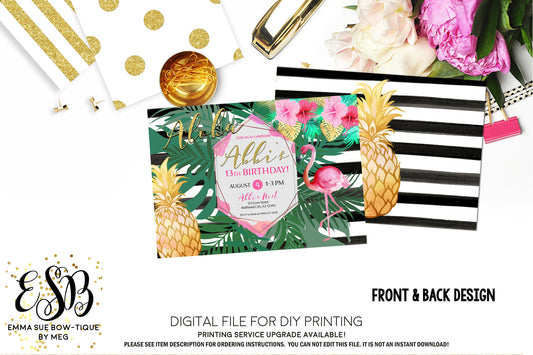 Flamingo Aloha Hawaiian Tropical Luau Birthday invitation Printable - Digital File  (flamingo-tropstripe)