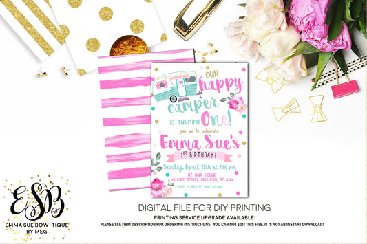 Our Happy Camper - Camping Party Birthday invitation Printable - Digital File (happy-campergirl)