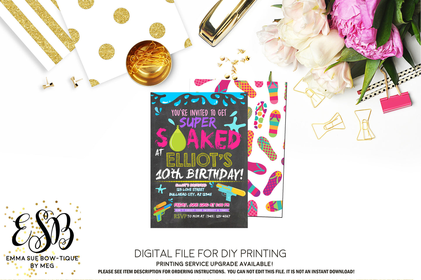 Super Soaked Water Gun Water Balloon Girls Birthday Party invitation Printable - Digital File  (water-partyGrl01)