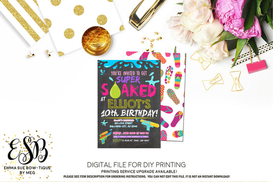 Super Soaked Water Gun Water Balloon Girls Birthday Party invitation Printable - Digital File (water-partyGrl01)