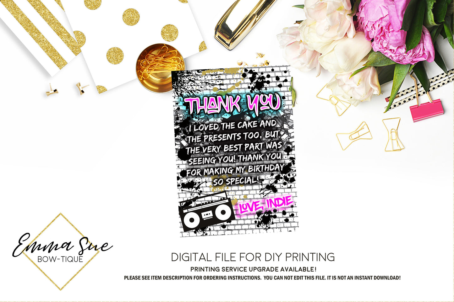 Let's Kick it Hip Hop 90's Birthday Party invitation Printable - Digital File (hiphop-pnk)