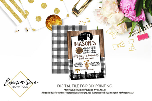 One Happy Camper - 1st Birthday Camping Party invitation Printable - Digital File (camper-wood)