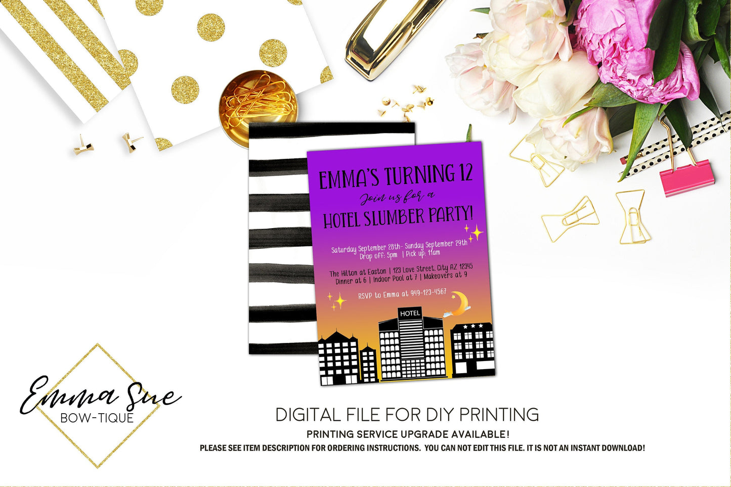 Hotel Party Sleepover Slumber Party Birthday invitation Printable - Digital File  (hotel-purl)